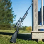 Powerline 880 Black with Scope (995880) Outdoor Lifestyle Leaning on Post